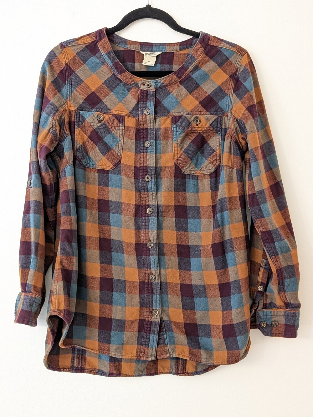 Duluth Trading Co. Plaid Split-Neck Roll-Tab Tunic / Popover Top